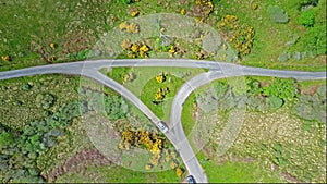 Aerial view of the scottish highlands with single track road and turnout junction