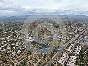 Aerial view of Scottsdale desert city in Arizona east of state capital Phoenix.