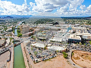 Aerial view of Scottsdale and small river, desert city in Arizona east of state capital Phoenix. USA