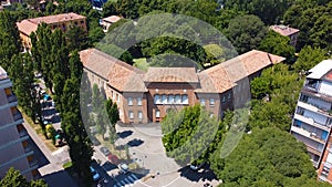 The aerial view of the Scuole Mario Poledrelli of the city of Ferrara in Italy