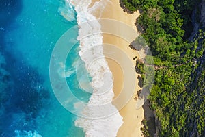 Aerial view at sea and beach. Turquoise water background from top view. Summer seascape from air. Summer adventure.