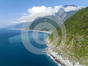 Aerial view and sea cliff road to Taroko national park , Hualien , Taiwan