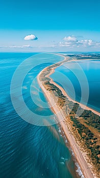 Aerial view of the sea coast with blue ocean and long sandy beach