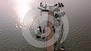 Aerial view on sea fishery boat in Chonburi Thailand