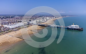 An aerial view of the sea front and town at Eastbourne, UK