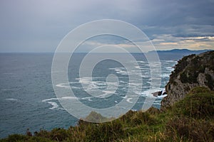 Aerial view of the sea from mountain.  Coast on Atlantic ocean, Spain. Camino de Santiago landscape.