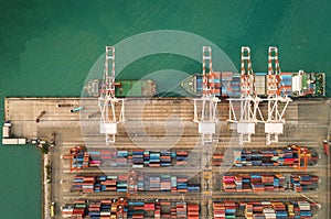 Aerial view sea port Container cargo loading ship in import export business logistic. Freight transportation. shipping business