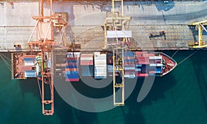 Aerial view sea port Container cargo loading ship in import export business logistic. Freight transportation. shipping business