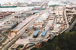 Aerial view on the sea port with containers with modern tilt-shift photo effect