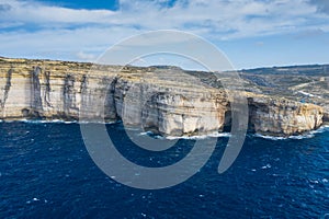 Aerial view of Sea Tunnel near Azure window. Dwejra is a lagoon of seawater on the Gozo island.Malta