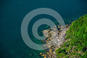 Aerial view of sea waves and fantastic rocky coast at Hon Thom island in Phu Quoc island, Kien Giang, Vietnam