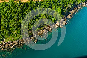 Aerial view of sea waves and fantastic rocky coast at Hon Thom island in Phu Quoc island, Kien Giang, Vietnam