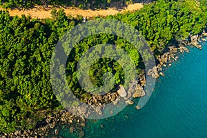 Aerial view of sea waves and fantastic rocky coast at Hon Thom island in Phu Quoc island, Kien Giang, Vietnam