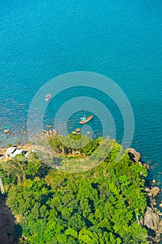 Aerial view of sea waves and fantastic rocky coast at Hon Thom island in Phu Quoc island, Kien Giang, Vietnam