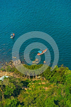 Aerial view of sea waves and fantastic rocky coast at Hon Thom island in Phu Quoc island, Kien Giang, Vietnam