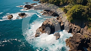 Aerial view of sea waves splashing on sandy beach, high resolution, scenic nature coast