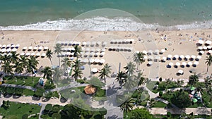 Aerial view of sea waves, umbrellas, green palms on the sandy beach. Tropical landscape. Top view from air. Nha trang