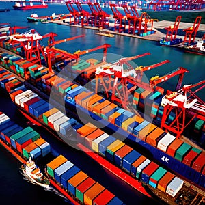 Aerial view of seaport cargo loading area with cargo ships and containers, ocean transport shipping logistics