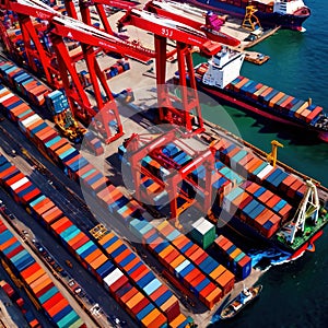 Aerial view of seaport cargo loading area with cargo ships and containers, ocean transport shipping logistics