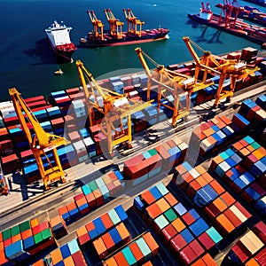 Aerial view of seaport cargo loading area with cargo ships and containers, ocean transport shipping logistics