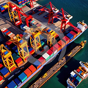 Aerial view of seaport cargo loading area with cargo ships and containers, ocean transport shipping logistics