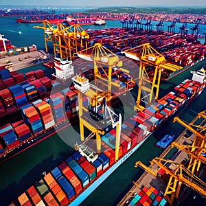 Aerial view of seaport cargo loading area with cargo ships and containers, ocean transport shipping logistics