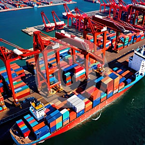 Aerial view of seaport cargo loading area with cargo ships and containers, ocean transport shipping logistics