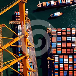 Aerial view of seaport cargo loading area with cargo ships and containers, ocean transport shipping logistics