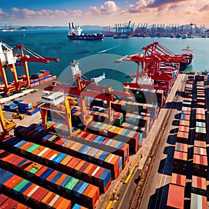 Aerial view of seaport cargo loading area with cargo ships and containers, ocean transport shipping logistics