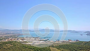 Aerial view of seascape of Athens in Greece, sea, port and surrounding cityscape