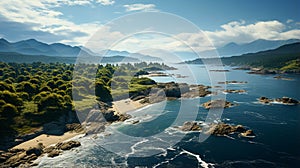 Aerial view seashore with hills