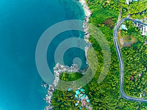 Aerial view seashore with mountains at Phuket Thailand, Beautiful seacoast view at open sea in summer season,Nature Environment