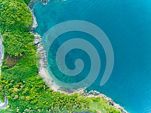 Aerial view seashore with mountains at Phuket Thailand, Beautiful seacoast view at open sea in summer season,Nature Environment