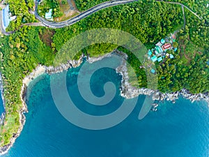 Aerial view seashore with mountains at Phuket Thailand, Beautiful seacoast view at open sea in summer season,Nature Environment