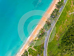 Aerial view seashore with road around the Phuket island Thailand, Beautiful seacoast view at open sea in summer season,Nature and