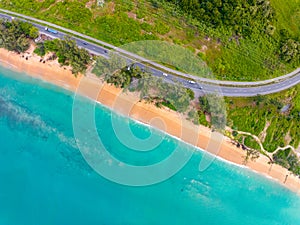Aerial view seashore with road around the Phuket island Thailand, Beautiful seacoast view at open sea in summer season,Nature and
