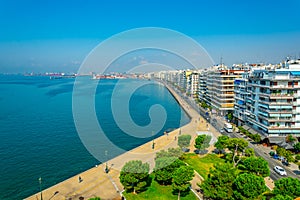 Aerial view of seaside promenade in Thessaloniki from the white tower, Greece