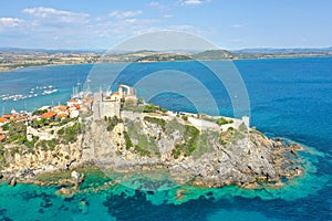 aerial view of the seaside town of Talamone in the province of Grosseto Tuscany during sunset