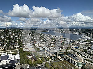 Aerial view of Seattle Space Needle, Seattle, USA