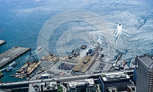 Aerial view of Seattle waterfront, the Alaskan way and the ferry terminal, Washington state