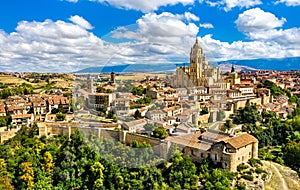Aerial view of Segovia with the Cathedral in Spain