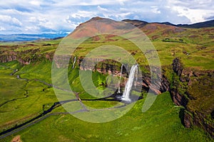 Aerial view of Seljalandsfoss Waterfall in Iceland