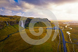 Aerial view of Seljalandsfoss Waterfall in Iceland at sunset