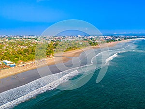 Aerial view of Seminyak beach coastline. Kuta Beach resort in Bali, Indonesia