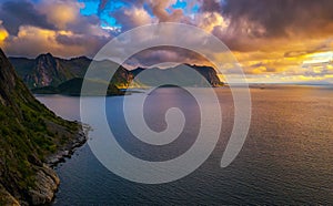 Aerial view of Senja Island in northern Norway at sunset