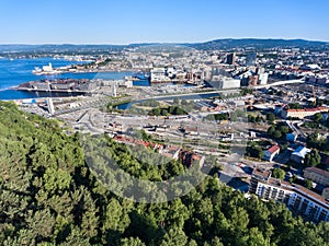 Aerial view at sentrum of Oslo city. Compact, bustling downtown witn new constructions, roads and streets. Norway photo