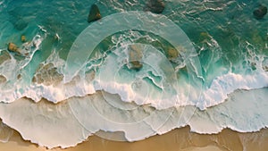 Aerial View of Serene Beach and Ocean With White Sand and Blue Waters, Overhead photo of crashing waves on the shoreline, Tropical