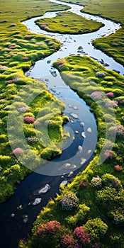 Aerial View Of Serene Stream Flowing Through Fields Of Flowers