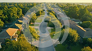 Aerial View of Serene Suburban Street at Dawn with Shaded Homes