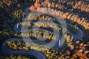 Aerial view of a serpent road at Cheia, Romania